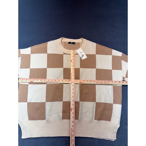 NWT Lillusory Tan/Cream Checkered Sweater Crew Neck Women's Size 2XL Oversized - Picture 5 of 7